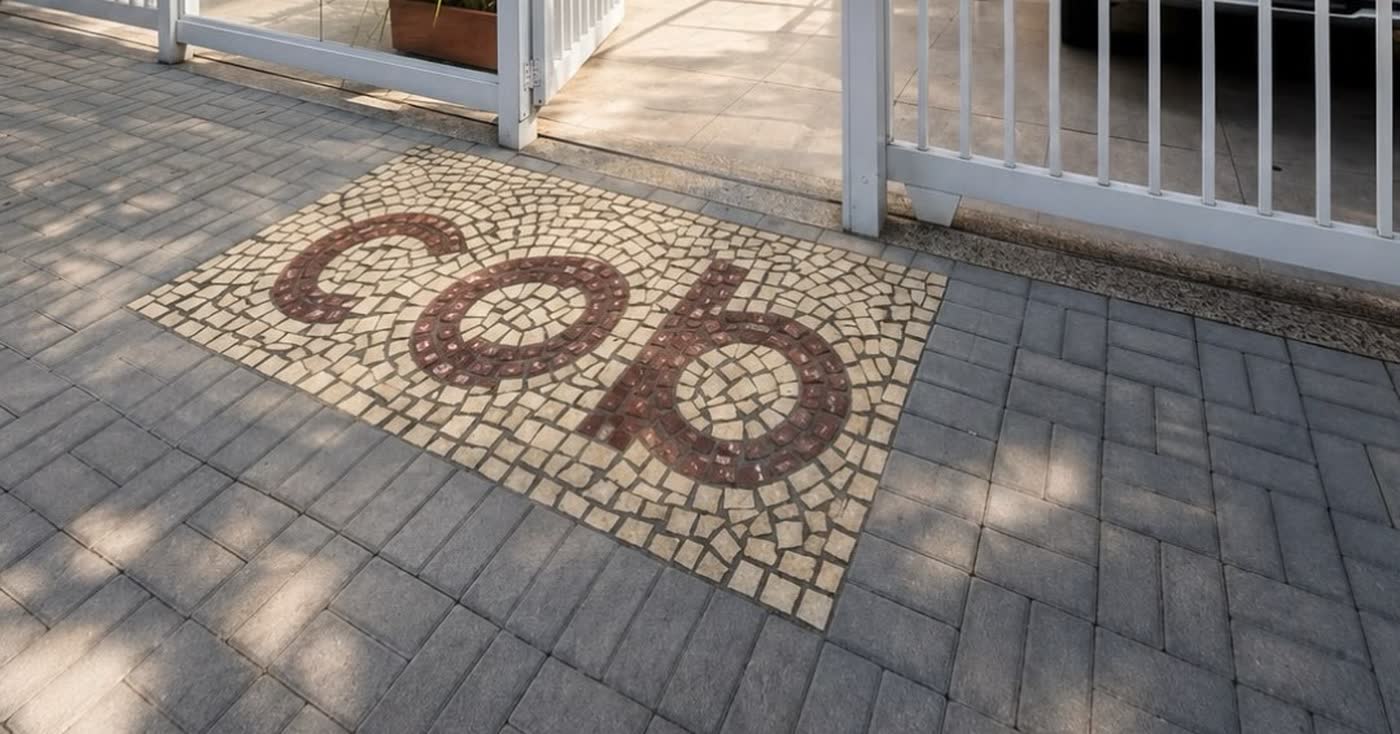 Mosaico em pedra portuguesa com a marca COB na calçada da entrada da clínica