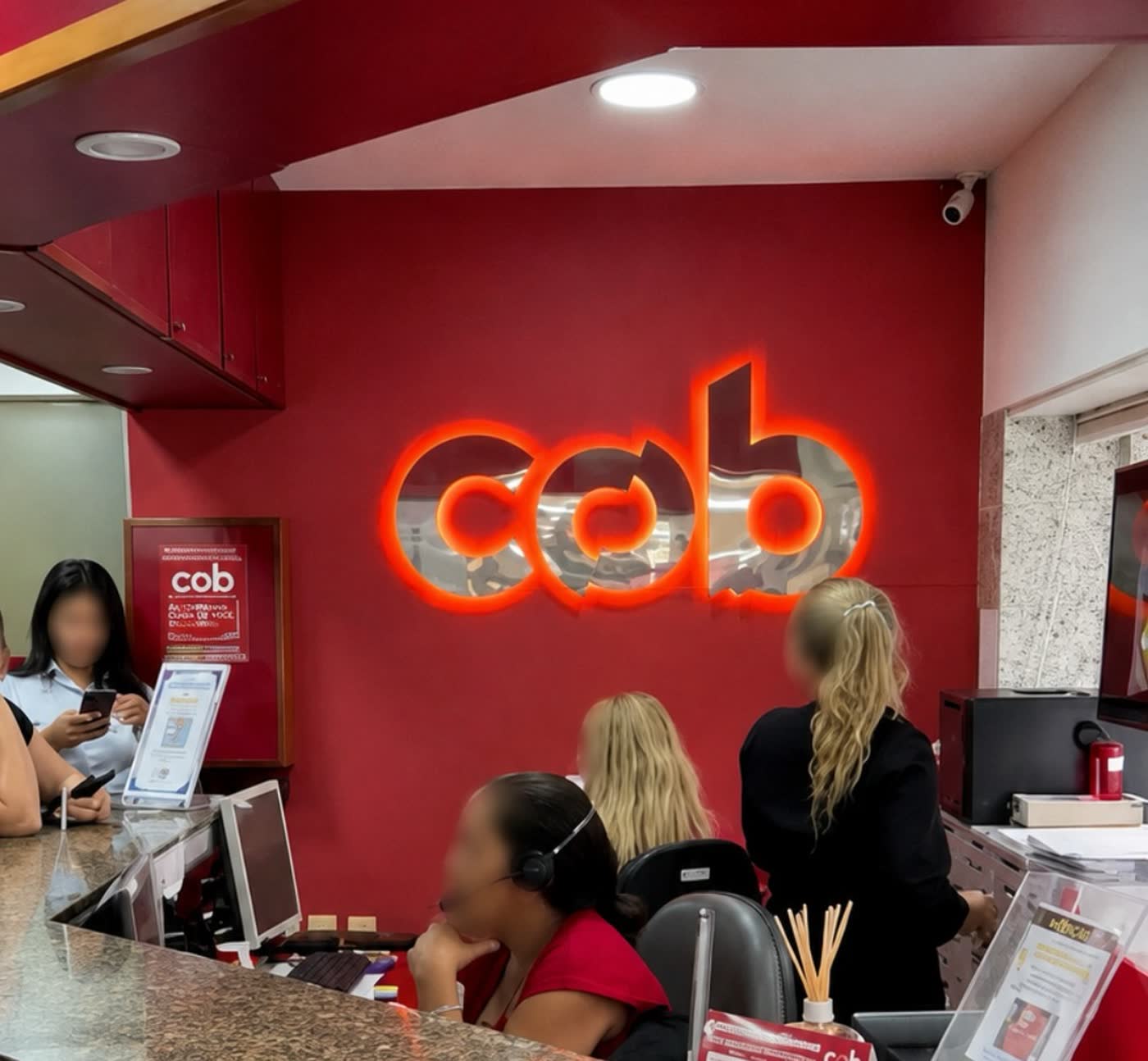 Recepção do COB, com o letreiro em neon vermelho da marca na parede